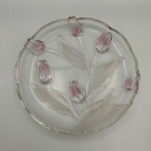 Glass Plate Pink Tulips 10” Elegant Pink Floral Glass Plate
